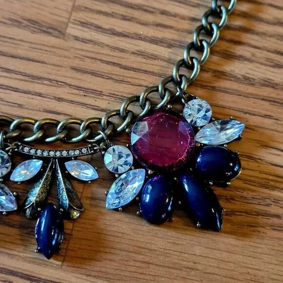 J CREW Raspberry And Purple Crystal Vintage Statement Necklace STATEMENT MAKING! - Picture 2 of 12